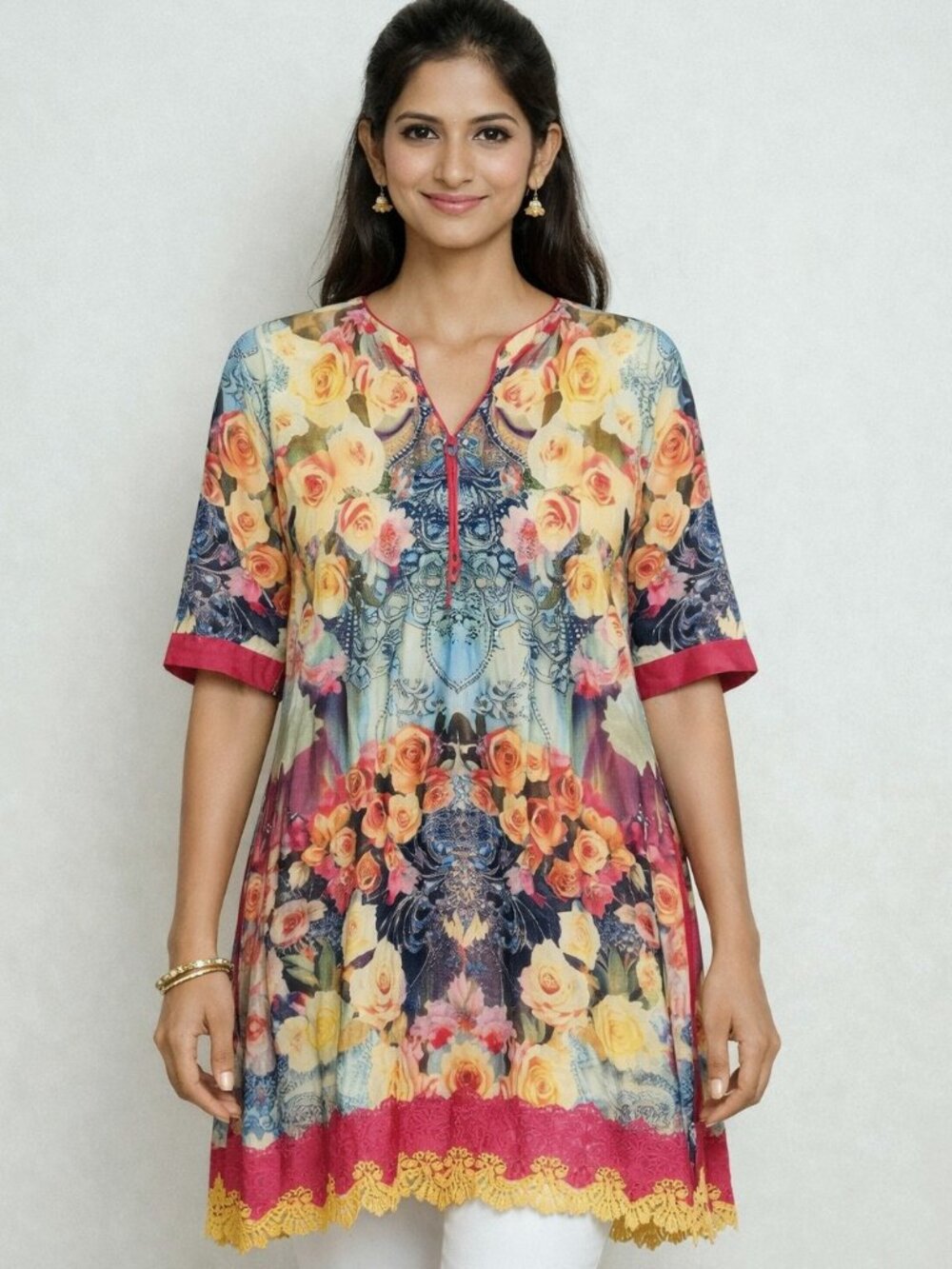 Neerus Indian Tunic Dress Kurti Floral Chandelier Printed Size XL